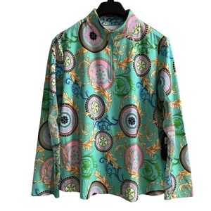 IBKUL Top XXL Debbie Jade Multi Long‎ Sleeve Zip Mock Neck Golf UPF 50